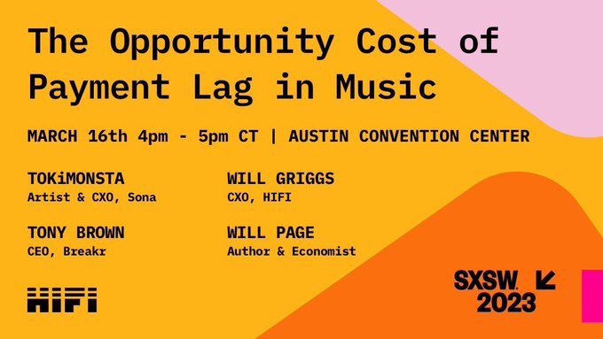 <a href="/sxsw/">SXSW</a> is the city of Austin calling your name this month? Join us on Thursday 3/16 @ 4pm CT for our panel “The Opportunity Cost of Payment Lag in Music” with  <a href="/TOKiMONSTA/">T᷈O᷈K᷈iM᷈O᷈N᷈S᷈T᷈A᷈</a>, <a href="/Tony_Brown_9_ii/">Tony Brown</a> (CEO, <a href="/MusicBreakr/">Breakr</a>), <a href="/wpgriggs/">Will Griggs</a> (CXO, <a href="/wearehifi/">HIFI</a>) <a href="/Hugh_W_Forrest/">Hugh Forrest</a> 

#HIFIpresents #SXSW2023