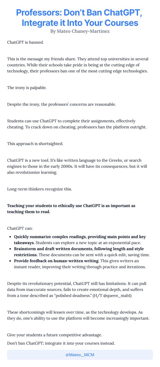 ChatGPT is a multiplier. 

If used effectively, it can multiply your output and impact.

Banning ChatGPT to prevent cheating is like banning reading to prevent the death of memorization. 

Innovative professors should integrate ChatGPT into their courses.

#chatgpt #professors