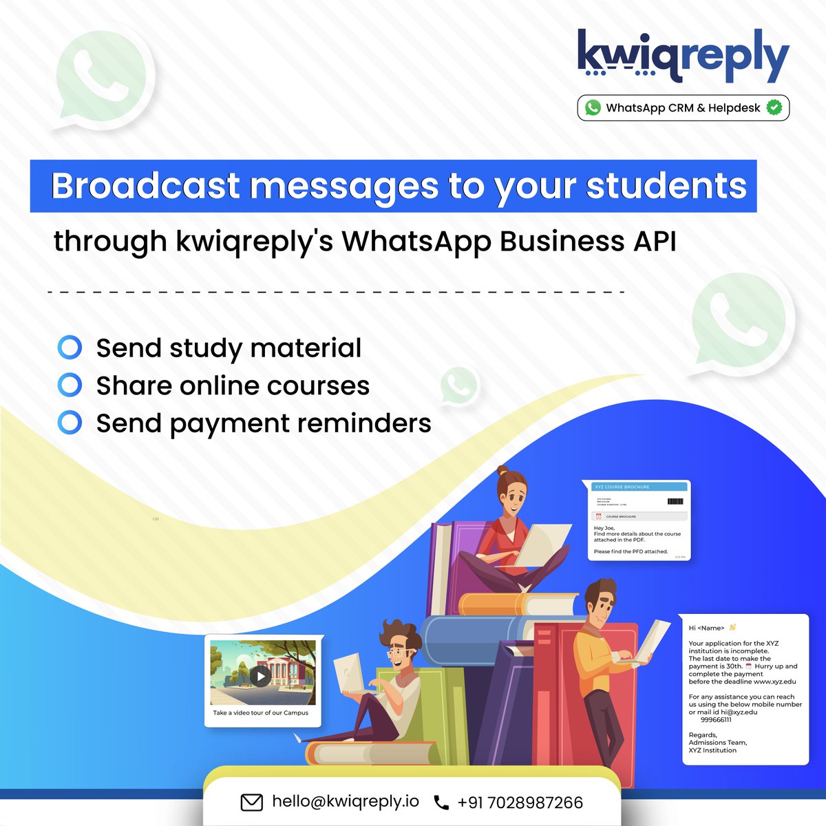 Refine your teaching with kwiqreply's WhatsApp Business API - Send study material, Courses, and Payment reminders directly to your students. 

Book your free demo now- calendly.com/kwiqreply-wa/w…

#studentsupport #kwiqreply #whatsappbusinessapi #reminders #whatsappchatbot #education