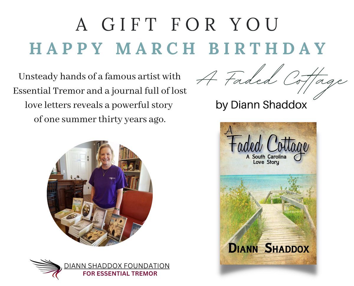 Diann_Shaddox's tweet photo. A special Gift for you. Register now for ET Talks Roundtable Discussion Thursday March 16, 2023 & enter to receive a signed paperback copy of; #AFadedCottage by
@DiannShaddox March ET Month #essentialtremor @et_dsfoundation https://t.co/mHBN9oyUMC https://t.co/0Xyw8Rzd1E