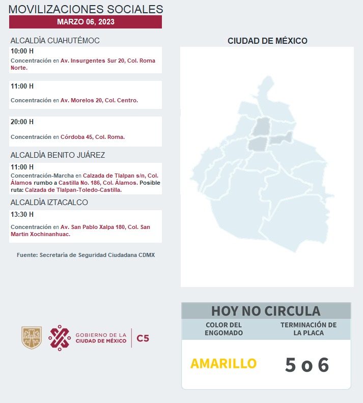 ⚠🗓 #ENTÉRATE | Para hoy, 06 de Marzo 2023, estas son las movilizaciones sociales previstas en la Ciudad de México.

#C5ConConfianza #MovilidadCDMX