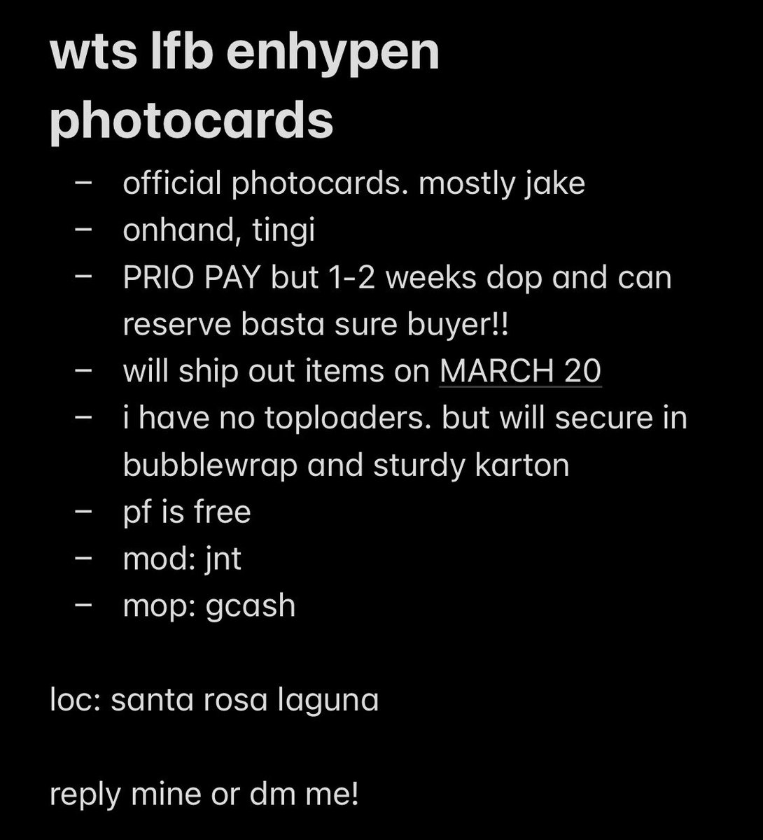 jakey_ashh's tweet photo. wts lfb enhypen pcs

read po second pic!! 

mostly jake!

- onhand, tingi
- PRIO PAYO. but 1-2 weeks dop

i also have unsealed albums!

rfs: need funds, i got scammed :(
reply mine + pc or dm me!

# enhypen jake jay jungwon sunghoon sunoo ni-ki heeseung card wallet nrpc sg2022 https://t.co/aEFNz5hpSt