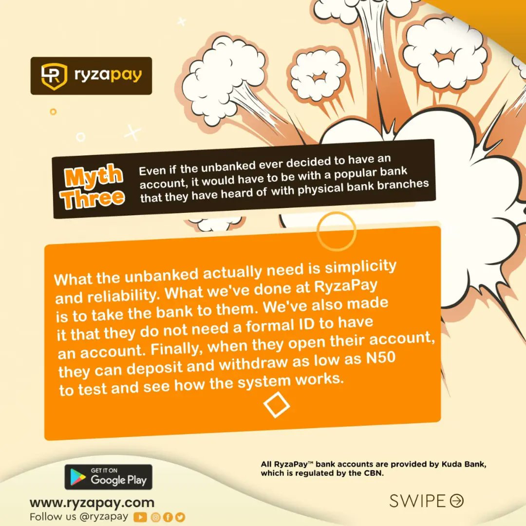 RyzaPay's tweet photo. Today, we look at some myths about the unbanked and how maybe, these myths have led to the unbanked not being a priority to most financial institutions. We have debunked these myths and are set to ensure that there's financial inclusion for all. #financialinclusion https://t.co/He8BgdIxpP