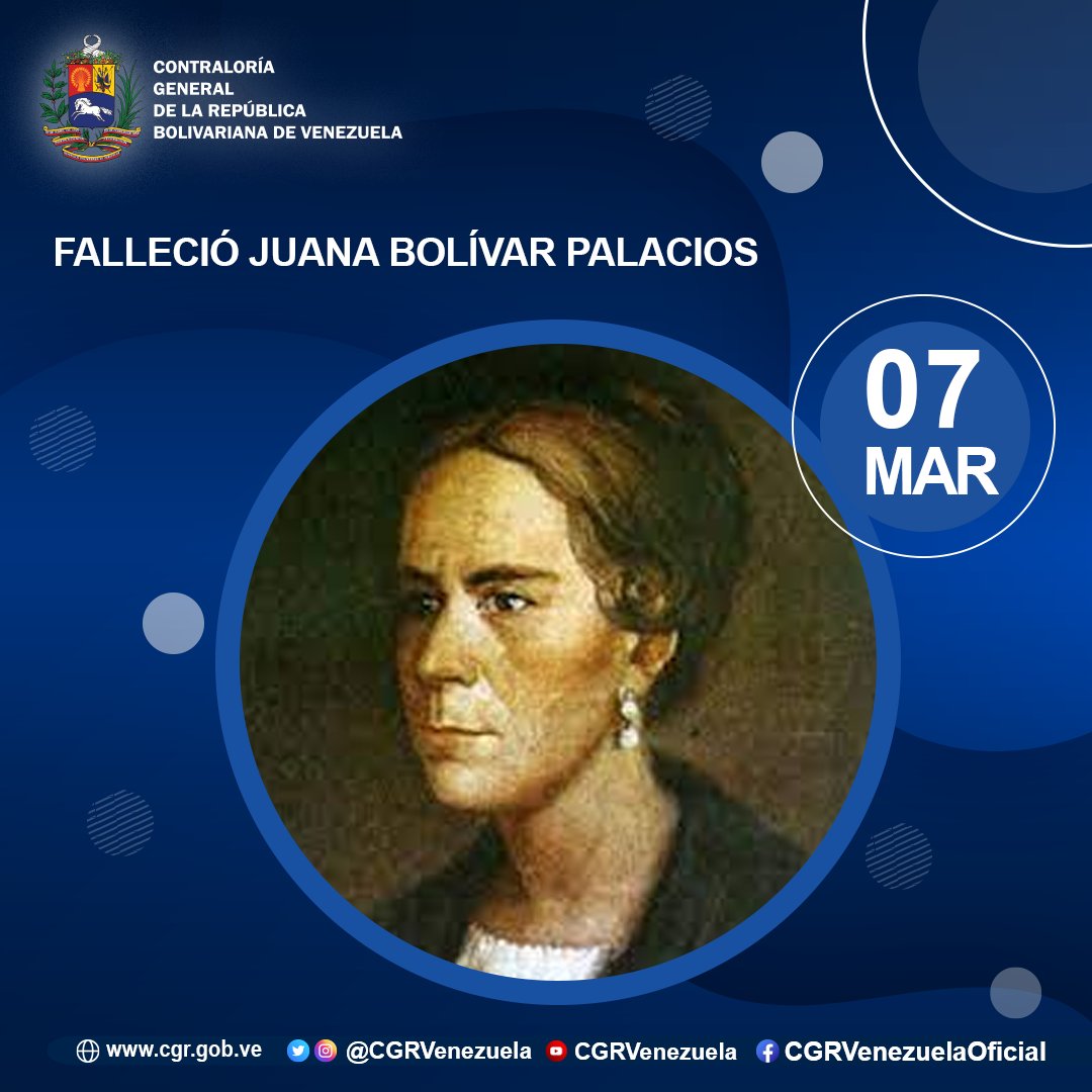 #TalDíaComoHoy #07Mar | Falleció en 1847 Juana Bolívar Palacios, quien fue segunda de los hermanos del Libertador Simón Bolívar; amada por muchos debido a su ímpetu y respeto hacia la sociedad.
