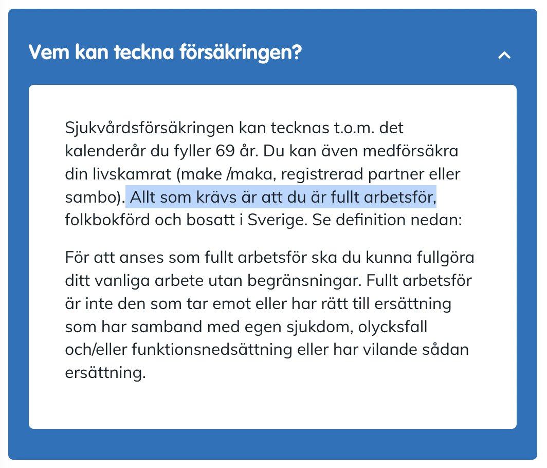 Vad är detta, <a href="/sverigeslarare_/">Sveriges Lärare</a> ? 

Varför har ni tecknat en privat sjukvårdsförsäkring?

Som dessutom utesluter de av era medlemmar som har störst behov av vård? 

Obegripligt att ni accepterat att försäkringen enbart täcker "fullt arbetsföra".

lararforsakringar.se/forsakringar/s…
