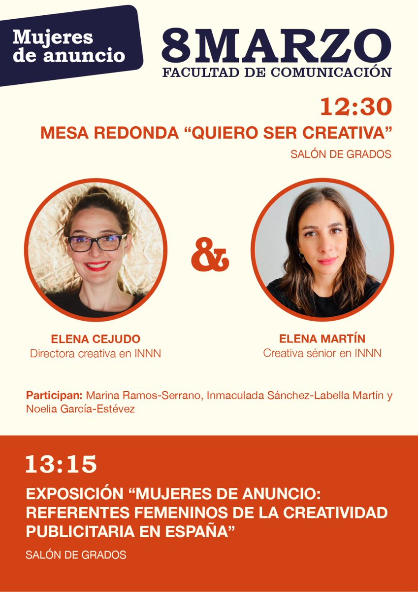 💜 El 8 de marzo a las 12:30h tendrá lugar la mesa redonda "Quiero ser creativa" de la mano de Elena Cejudo (Directora creativa en INNN) y Elena Martín (Creativa sénior en INNN)

13:15h exposición "Mujeres de anuncio: referentes femeninos de la creatividad publicitaria en España"