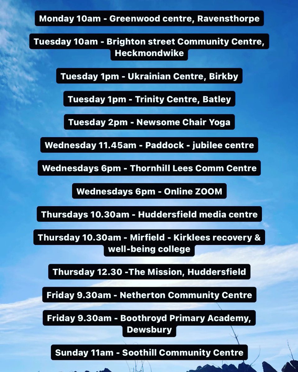 #CommunityYoga in #Kirklees this week!
.
Another very busy one… lots for everyone! These are open to all sessions, there is no cost to join (but donations welcome). Just register if you’d like to try:

freeonlinesurveys.com/s/KirkleesWell…