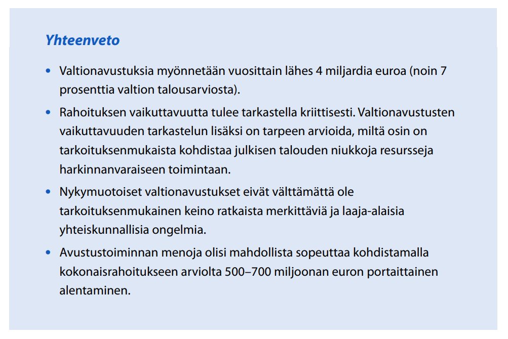 Tänään julkaistiin <a href="/vmuutiset/">Valtiovarainministeriö | Finansministeriet</a> meno- ja rakennekartoitus, johon on koottu keinoja julkisen talouden vahvistamiseksi. Tarkastelun kohteena ovat myös #valtionavustukset, joiden vaikuttavuuden ja läpinäkyvyyden eteen olemme tehneet töitä hankkeessammekin.