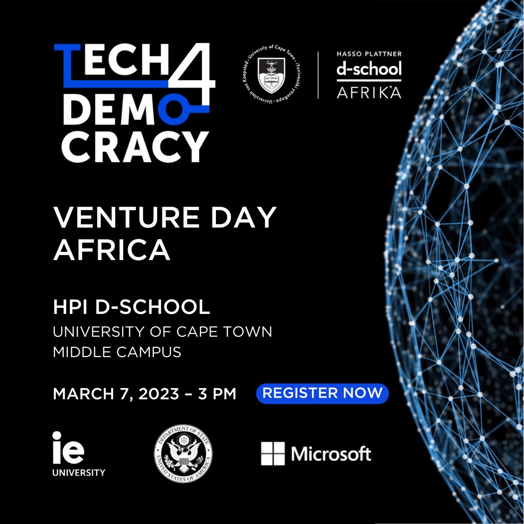🗓️Save the date! TOMORROW #Tech4Democracy Africa will take place at <a href="/dschoolUCT/">d-school</a> in South Africa. Don't miss keynote <a href="/melvyn_lubega/">Melvyn Lubega</a> and a fantastic line up of #startups &amp; jury members from <a href="/UCT_news/">UCT</a>, <a href="/SA_innovation/">SA Innovation Summit</a> &amp; <a href="/DigitallyLegal/">Digitally Legal</a>. Agenda + registration:  ie.edu/cgc/news-and-e…