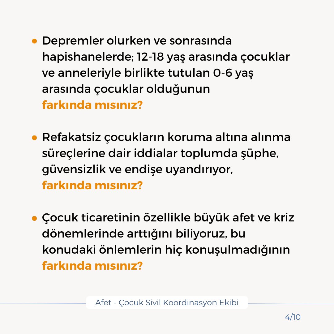 Depremlerin 1. Ayında Çocukların Durumunun Farkında Mısınız?
Çocukların, sorularımızın ve taleplerimizin takipçisiyiz. Sizleri de bu sesi çoğaltmaya davet ediyoruz!
Taleplerimizin tamamına linkten ulaşabilirsiniz:
afetcocukkoordinasyon.org/depremlerin-bi…
#ÇocuklarınTakipçisiyiz