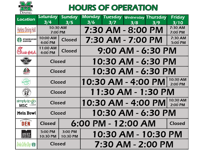 MarshallDining's tweet photo. Spring Break is upon us!

The Den will be closed this Friday, March 10, while Harless will be the only location open on Saturday, March 11. Save the second page for Spring Break hours or visit our website:  https://t.co/gUWhiiDTJ0

#herdfamily #marshallufamily #marshallustudents https://t.co/jwb6moA2vA