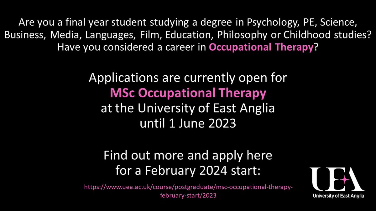 Apply here uea.ac.uk/course/postgra…

@UEA_Health @UEAPsychology @UEAPESH @biouea @ueaenv @UEANatSci @UEABusinessSoc @FTM_UEA @AMAUEA @Languages_UEA @UeaEDU @UEA_EDUSOC @ba_edu_uea @philosophyuea @UEAPhilSoc