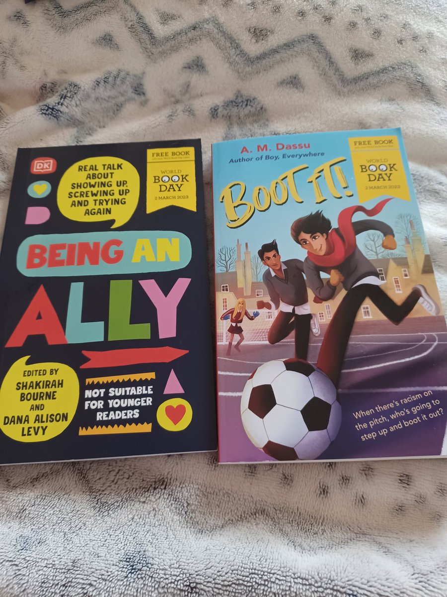 @Macawclass51 got these today from The Works World Book Day stand.Not sure HJ is old enough for the 1st book, but the 2nd one is about racism in schools. #kickitout #BlackLivesMatter #notohomophobia #itsnotok #notjustbanter