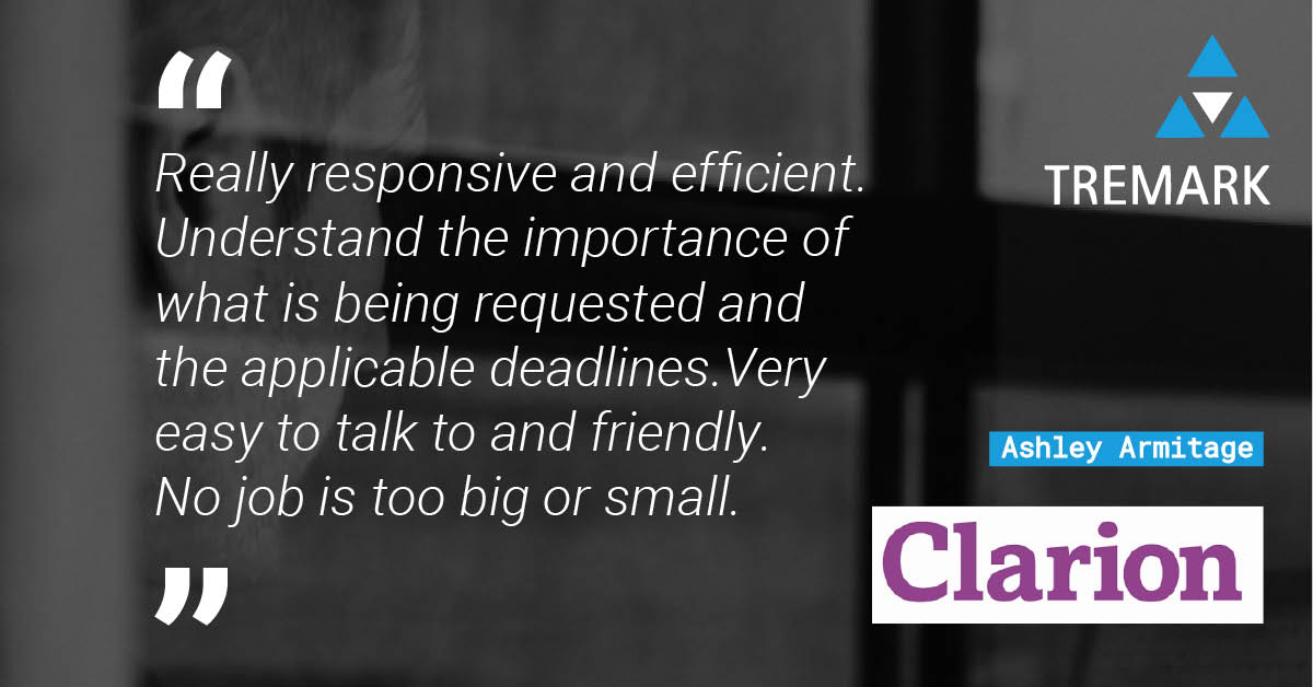 TremarkAssoc's tweet photo. "Really responsive and efficient. Understand the importance of what is being requested and the applicable deadlines. Very easy to talk to and friendly. No job is too big or small." - Ashley Armitage, Clarion Solicitors https://t.co/sgVM7kqJ0a