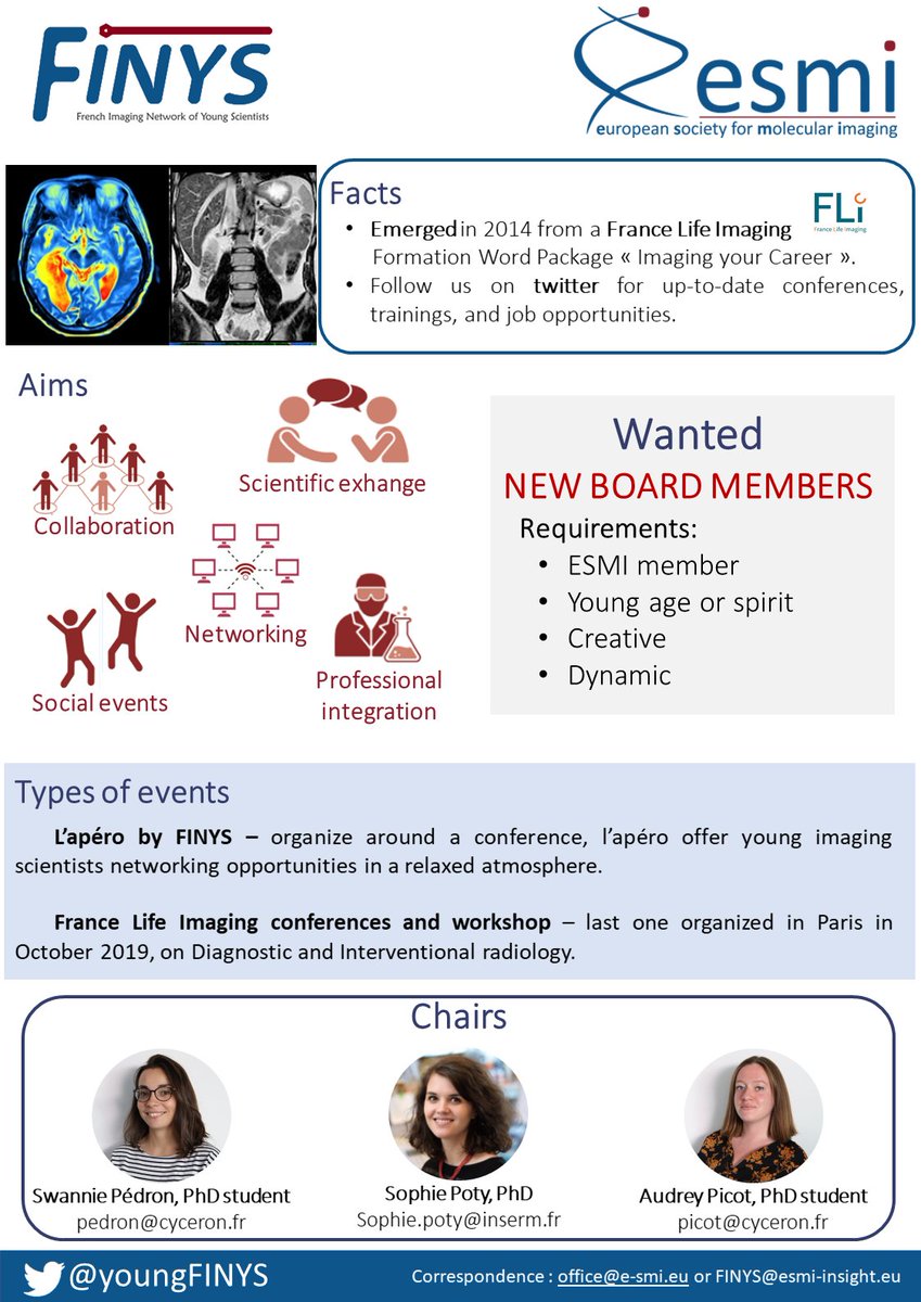 FINYS is back on twitter ! 🎉
Follow us for news concerning the group but also for the next <a href="/ESMI_society/">European Society for Molecular Imaging - ESMI</a> congress #EMIM2023 
We will be thrilled to meet all of you in Salzburg ☺️ Don't forget to follow us !🔔