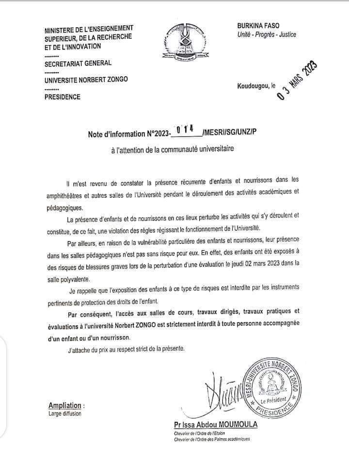𝗣𝗹𝘂𝘀 𝗱𝗲 𝗯𝗲́𝗯𝗲́𝘀 𝗱𝗮𝗻𝘀 𝗹𝗲𝘀 𝘀𝗮𝗹𝗹𝗲𝘀 𝗱'𝘂𝗻𝗶𝘃𝗲𝗿𝘀𝗶𝘁𝗲́ 

Une note est parue ce vendredi 03 février interdisant la présence d'enfants ou de nourrissons dans les salles d'université de l'université Norbert ZONGO
Qu'en pensez-vous ?
#PointJeune
#Sondage