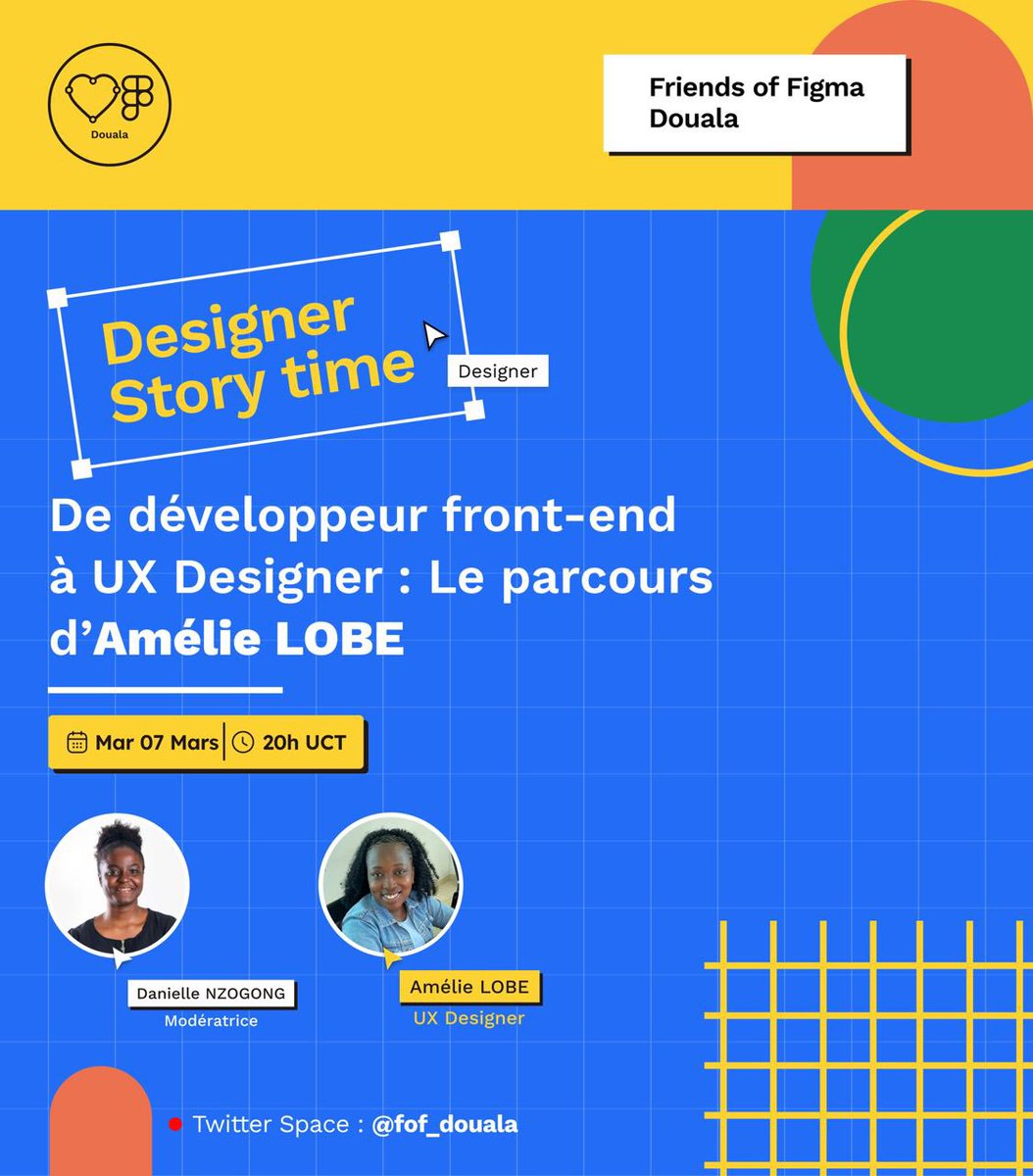 fof_douala's tweet photo. Hello Figmates✨
Les Designer Story Time du mardi sont de retour🤩
Cette semaine, nous recevons @amelielobe qui nous parlera de son parcours de développeuse Frontend à UX Designer 👨🏾🎨
Inscriptions ouvertes 🤞🏽: https://t.co/svQJgVE9no
#fFriendsOfFigma #fofafrica #fofdouala https://t.co/NKZg1VkZR9