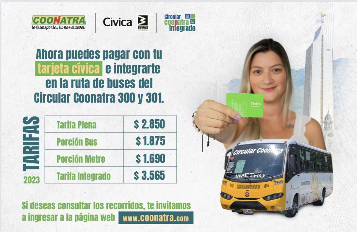 Feliz semana para todos 🙏👏, recuerda nuestras tarifas para la ruta integrada al @metrodemedellin #CircularCoonatra 300 y 301. 

#CoonatraTeTransporta #TúNosMueves