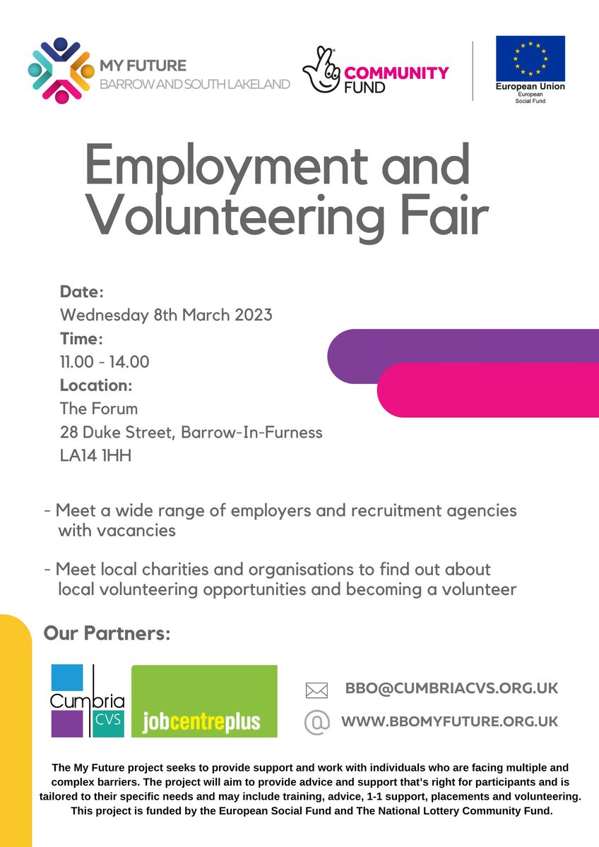Fantastic opportunity to come and meet local employers and charity groups hosted by @cumbriacvs and BBO My Future