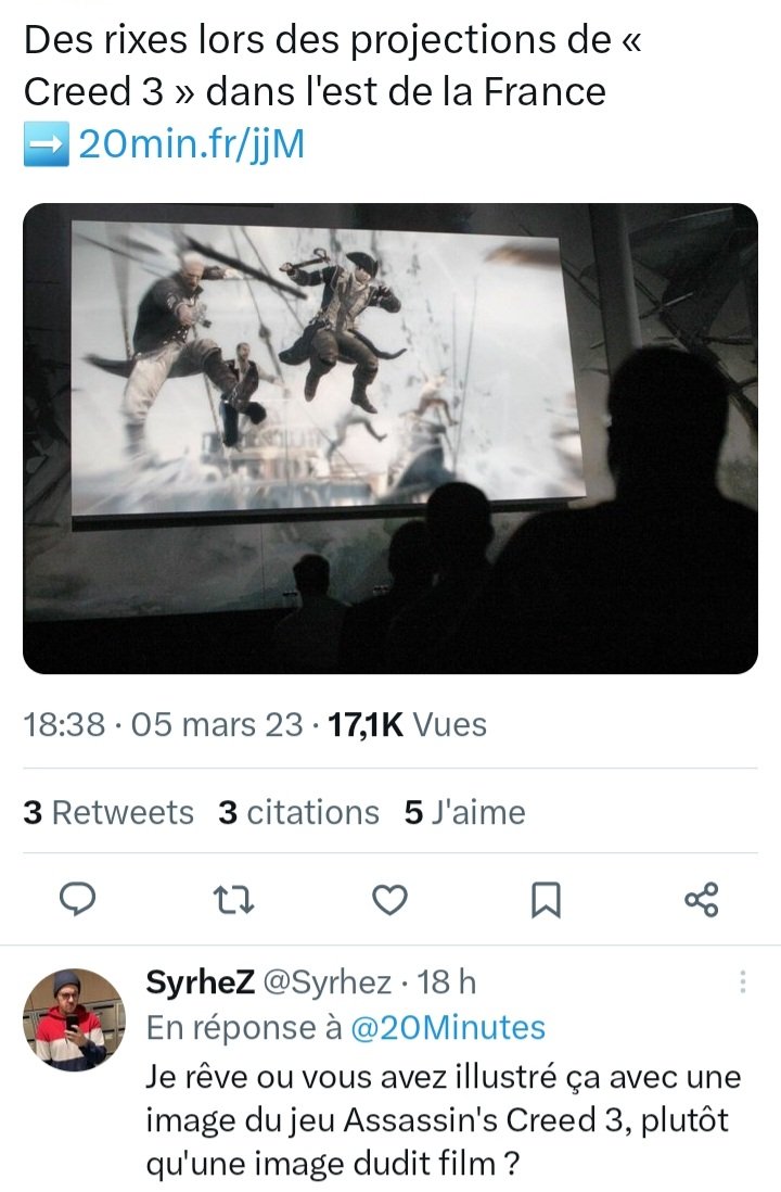 a_armity's tweet photo. #20minut heu vous avez un souci avec votre journaliste cinéphile?
#creed3 c'est film de boxe alors pourquoi illustré avec une image de  #AssassinsCreed? 
Jpp... 😆😆😆 https://t.co/m4yR5U843W