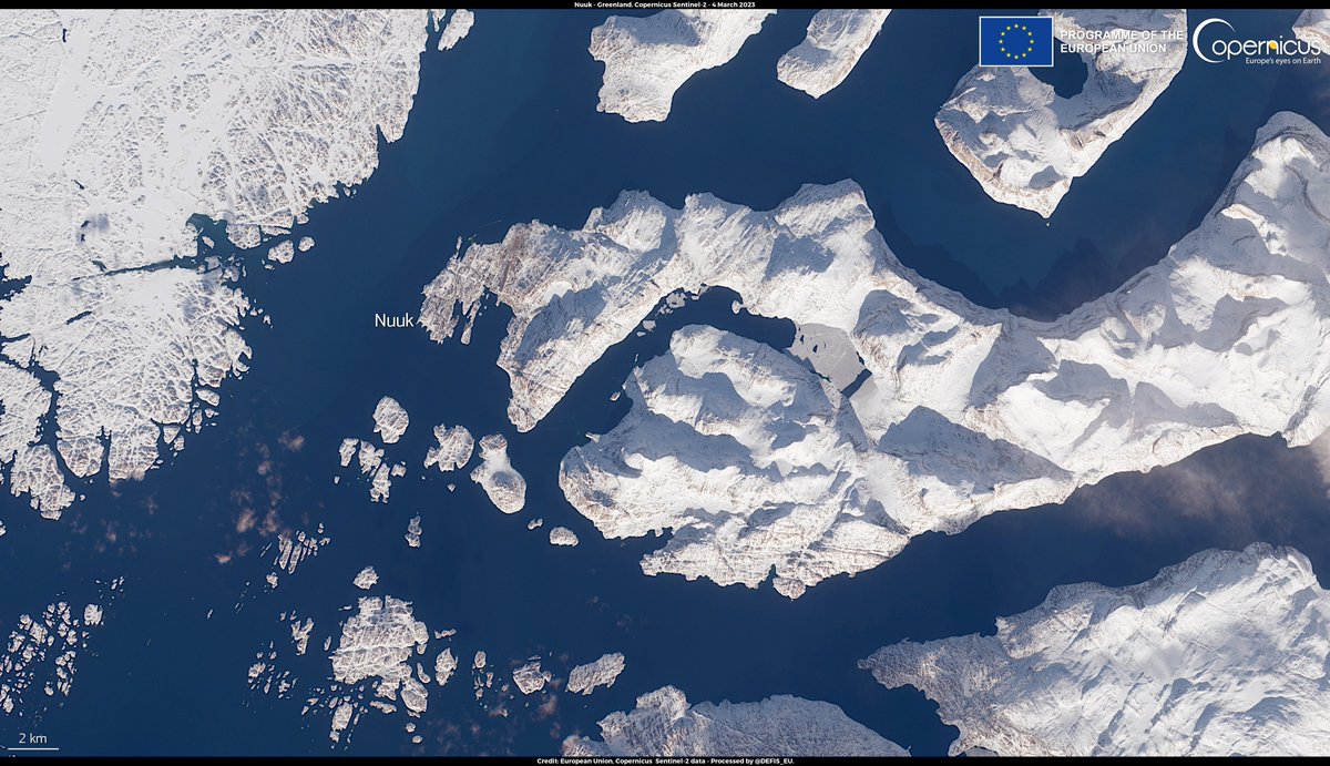 defis_eu's tweet photo. #ImageOfTheDay 

Exceptionally high temperatures ♨️ have been recorded in Western #Greenland 🇬🇱  in the past few days 

On 4 March, the temperature in Nuuk reached a record of 15.1°C 🌡️

⬇️#Copernicus #Sentinel2 🇪🇺🛰️ image acquired on the same day https://t.co/ftr5EjIaPZ