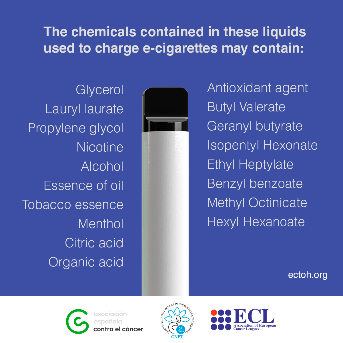 Do you know everything that makes up the liquid in an e-cigarette? 🚬

WHO warns that e-cigarettes are not a reliable treatment for smoking cessation. ❌

E-cigarettes are powered by a rechargeable battery and are filled with a liquid to use them. 👇🏽

#ECTOH2023 #ECTOHMADRID