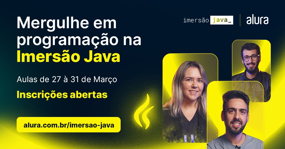 AluraOnline's tweet image. VEIO AÍ! Vai começar mais uma #ImersãoJava ☕

Essa é a sua oportunidade de aprender uma das linguagens mais usadas no mercado tech.

Serão 5 DIAS de aulas 🆓 para você desenvolver do zero sua 1ª aplicação em 𝗝𝗮𝘃𝗮, progredir na carreira e ampliar seu portfólio.

👇