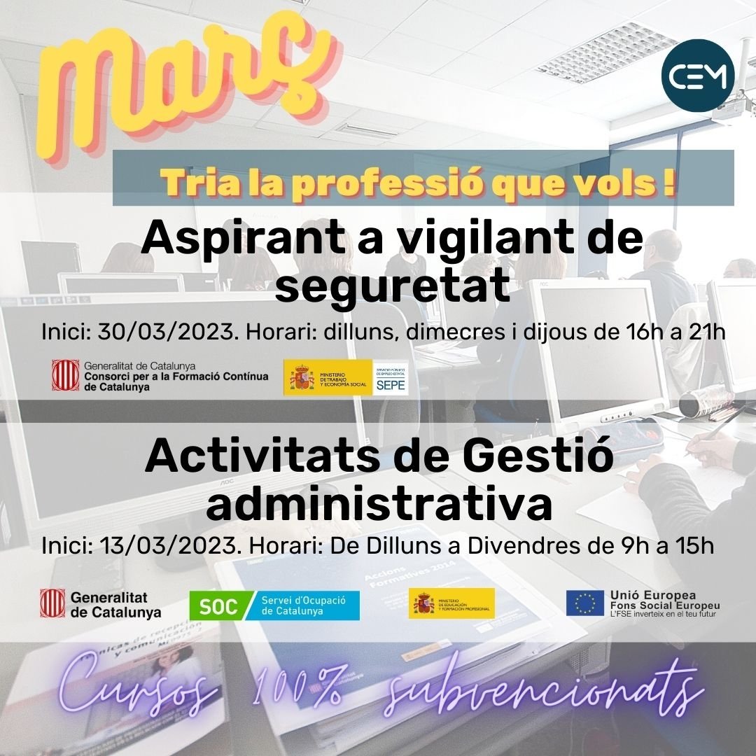 CEMFormacio's tweet photo. 📢Novetats 📆mes de març
.
Si vols convertir-te en un #administratiu amb coneixements de #tresoreria #comptabilitat #informatica i molt més👉 tenim el teu curs
.
Si vols millorar les teves oportunitats en el sector de #seguretat👉 curs 100% subvencionat per @fpo_continua https://t.co/O8BiVW5dTG
