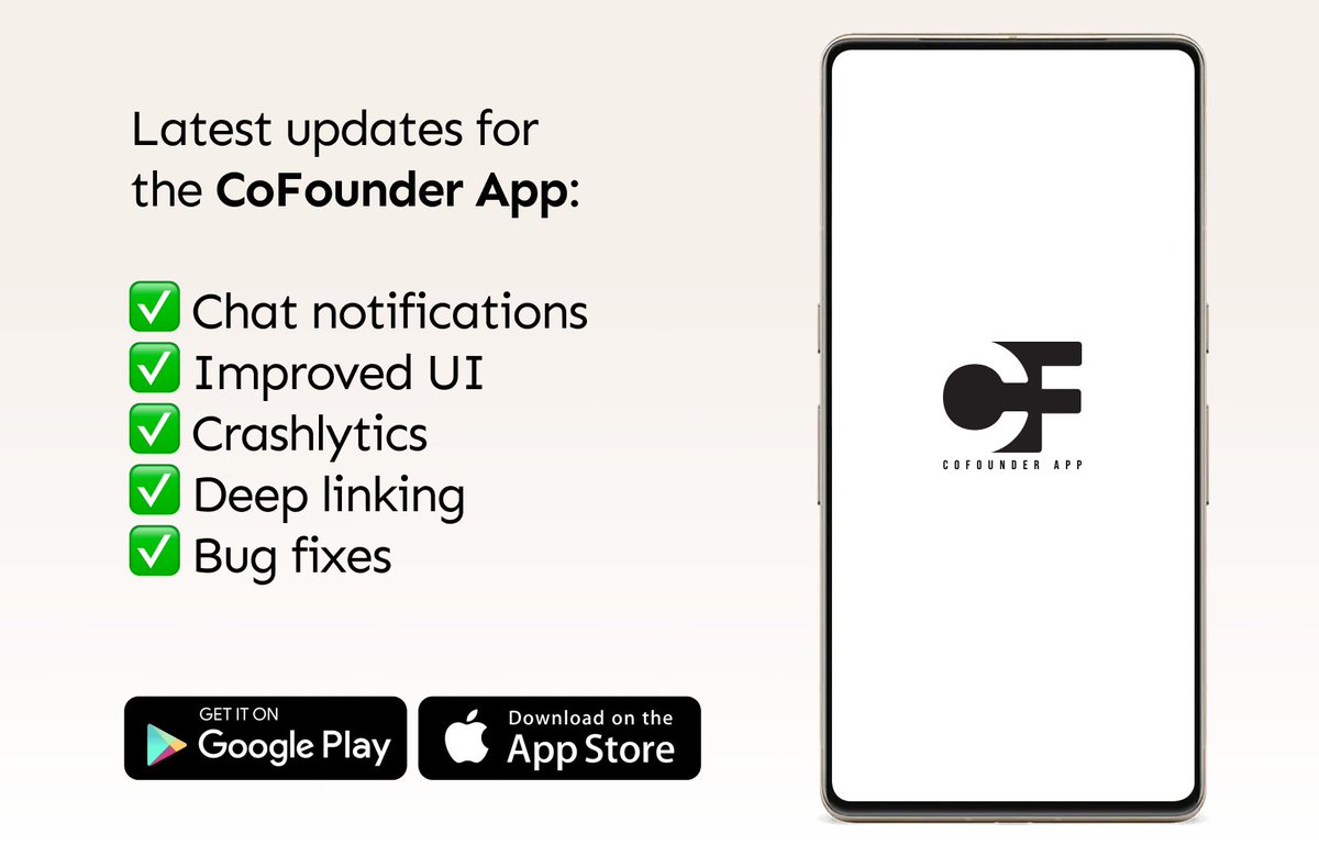 _cofounder_'s tweet image. 🚨 App Update 🚨

We&apos;ve launched a new and improved version of the app, with several new updates to improve the user experience:

✅ Chat notifications
✅ Improved UI
✅ Crashlytics
✅ Deep linking
✅ Bug fixes

Download our latest app via cofounderapp.com

#cofounderapp