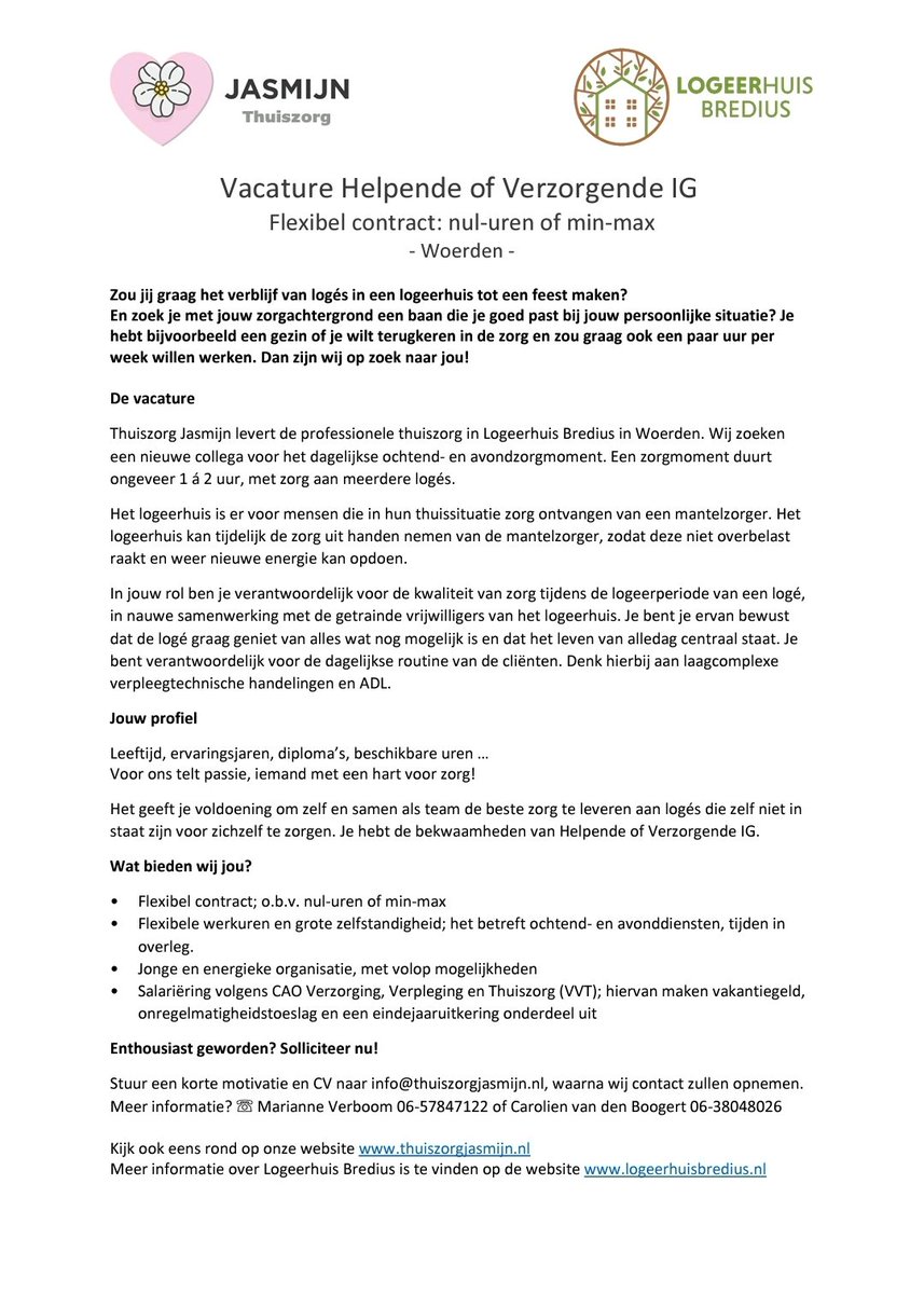 De ideale baan is de baan die precies past bij je leven. Bij gezin en/of andere bezigheden. Die ideale baan bestaat!! Ken je mensen waarvoor dit inderdaad de ideale baan is? Veel flexibiliteit, mooie kleine persoonlijke organisatie.En Logeerhuis Bredius is inspirerende werkplek!