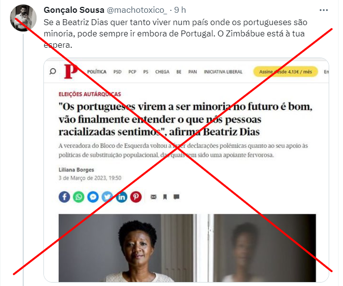 Publico's tweet image. ❌ Circula uma imagem manipulada que atribui a Beatriz Gomes Dias, vereadora da Câmara Municipal de Lisboa, declarações que nunca proferiu numa suposta entrevista ao Público. Não caia em fake news.