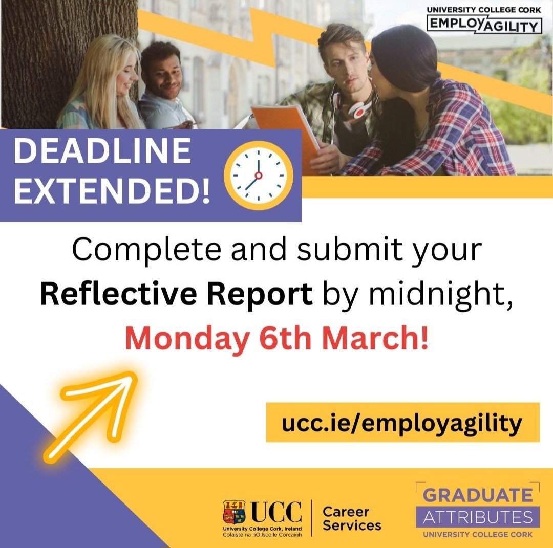 UCCGrAttributes's tweet photo. EMPLOYAGILITY DEADLINE IS MIDNIGHT TONIGHT! 

Get those reflective reports in 👏

https://t.co/K24C5Is7XS

#BeginBelongBecome
#UCCGradAttributes https://t.co/MQToubFkh7