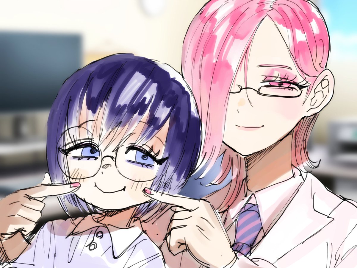 glasses 2girls multiple girls pink hair smile hair over one eye poking  illustration images
