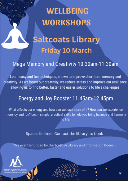 NACLibraries's tweet image. There's still spaces available for wellbeing sessions in Saltcoats this Friday. Contact the library directly to book.
