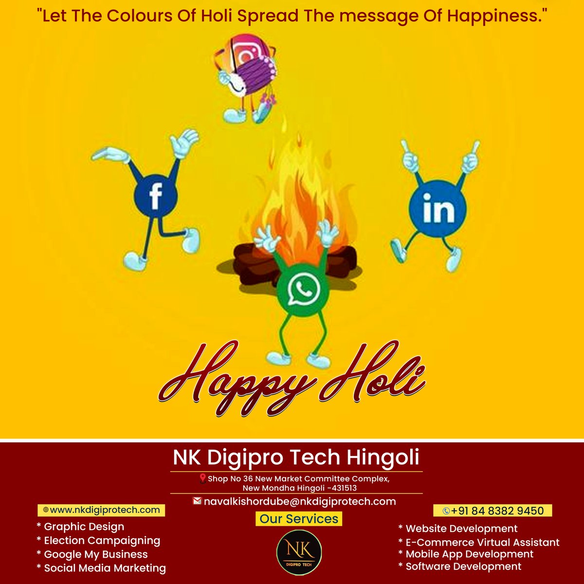 Nkdigiprotech's tweet photo. Let the colour of Holi Spread the message of Happiness 
-NK Digipro Tech,Hingoli.

#Holi #Holifestival #Holi2023
#socialmediamarketing #digitalmarketingagency
#nkdigiprotech https://t.co/CeC5Oi7fl5