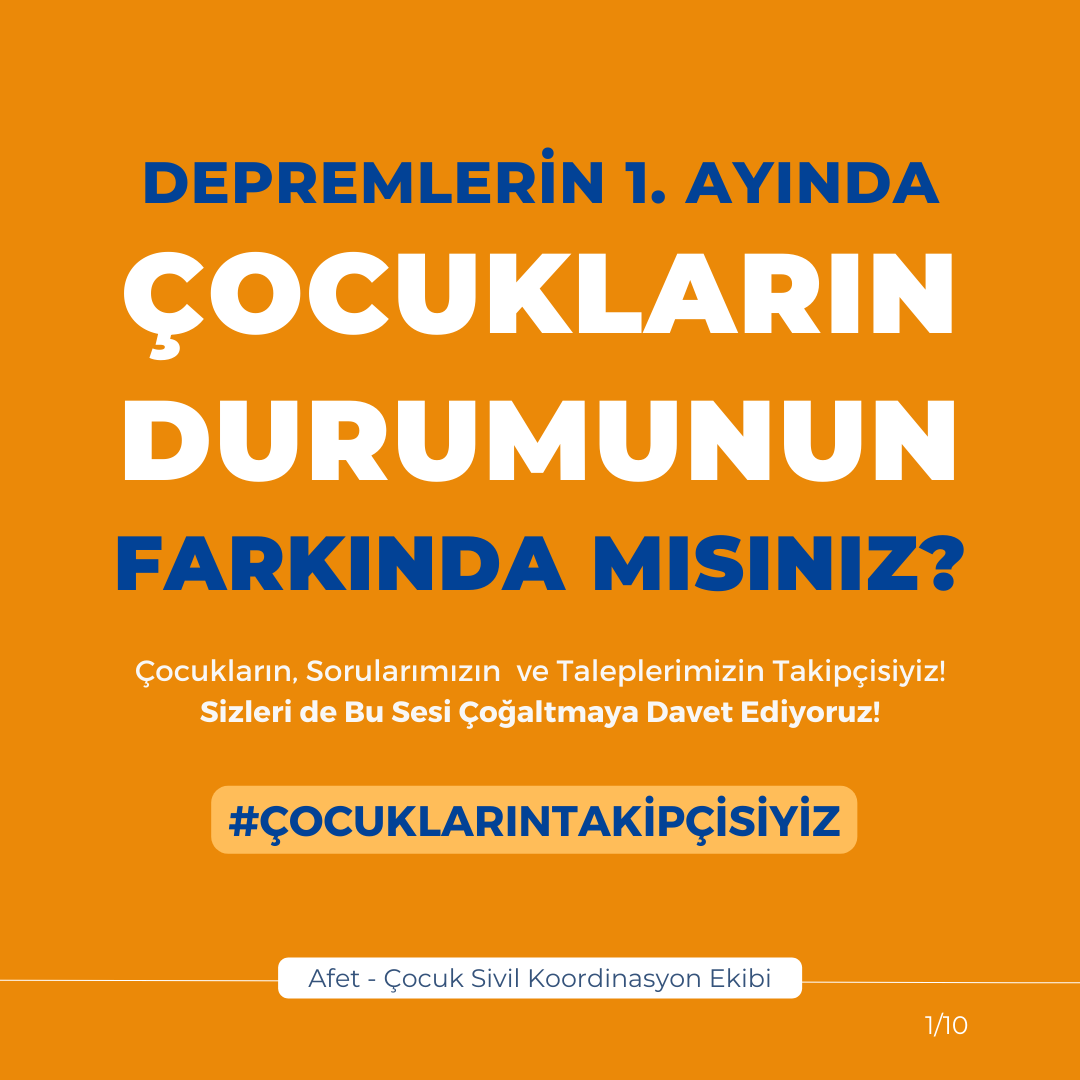 📣 Depremlerin 1. Ayında Çocukların Durumunun Farkında Mısınız?
Çocukların, sorularımızın ve taleplerimizin takipçisiyiz. Sizleri de bu sesi çoğaltmaya davet ediyoruz!
#ÇocuklarınTakipçisiyiz
Taleplerimizin tamamına linkten ulaşabilirsiniz:
afetcocukkoordinasyon.org/depremlerin-bi…