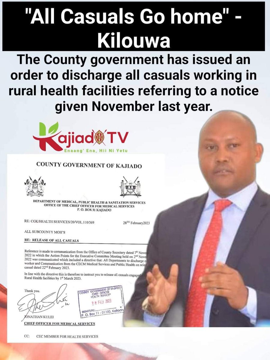 KajiadoTV's tweet photo. #UPDATE: The County government of @KajiadoGov has issued an order to discharge all casuals working in rural health facilities referring to a notice given November last year. https://t.co/Icz9tRBtPM