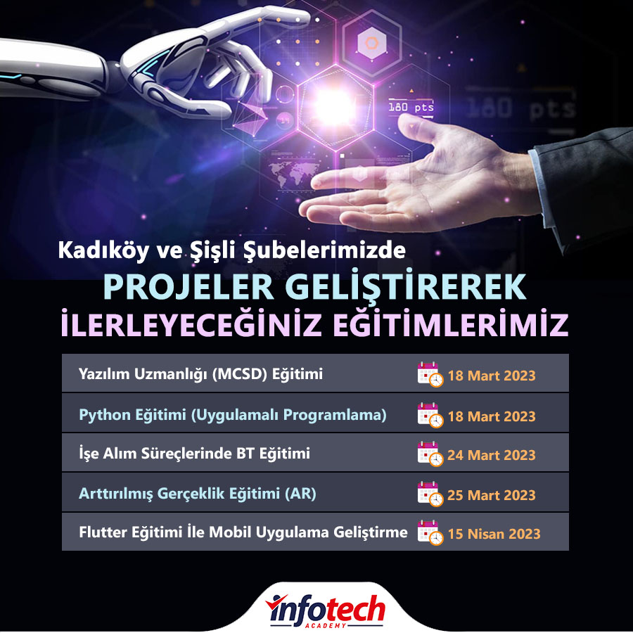 infotechakademi's tweet image. 🔔 Yeni Başlayacak Eğitim Gruplarımızı Kaçırmayın! 🔔
Sınırlı kontenjan için acele ediniz...

📞Eğitimler Hakkında Detaylı Bilgi İçin Bizimle İletişime Geçebilirsiniz.

#pythonkursu #yapayzekaeğitimi #flutterkursu #aspnetcoremvc #mobilygulamageliştirme  #infotechacademy