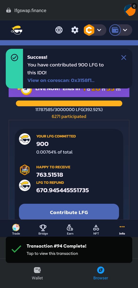 codegrowler's tweet photo. @SamuelElum1 @_HappyFarm_ @LFGSwap @Coredao_Org I've been refunded my 900lfg and the 3000happy revoked. Rejoined the IDO with same but receiving 763happy with 671lfg to be returned. @_HappyFarm_ @LFGSwap https://t.co/nqj7bBa311