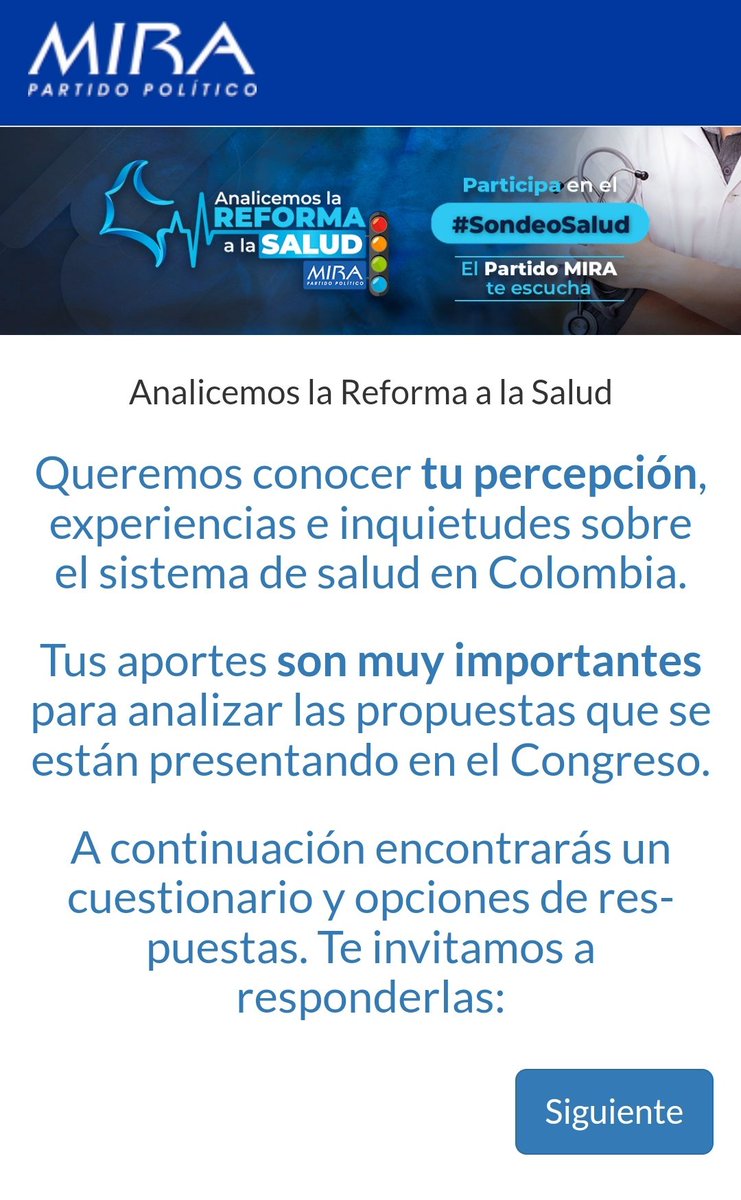 carlosandresalc's tweet photo. ¡Tolimenses! 

Invitados a participar del #SondeoSalud que adelante el @PartidoMIRA. 

📌 Dialogando construiremos un #SistemaDeSalud coherente con las necesidades de los territorios.

Link del #SondeoSalud: 
https://t.co/PO7n6RmBZe https://t.co/uP3SYmXfA9
