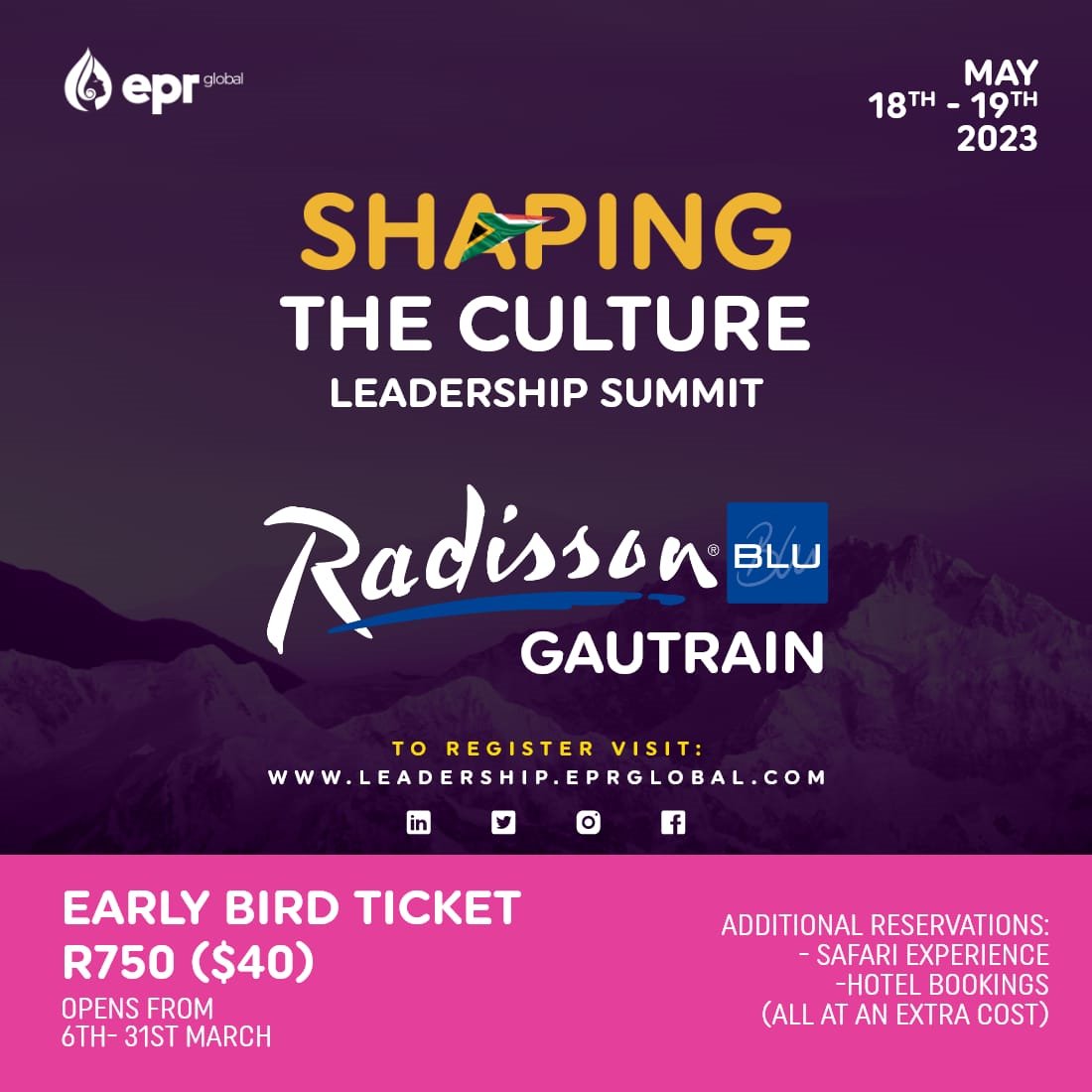 eprglobal's tweet image. Registration is OFFICIALLY OPEN. We have an amazing South African experience tailor-made just for you! For more exciting details, visit our website  leadership.eprglobal.com and take advantage of our early bird ticket of R750 only!
#epr #eprglobal #ShapingTheCulture #Johannesburg