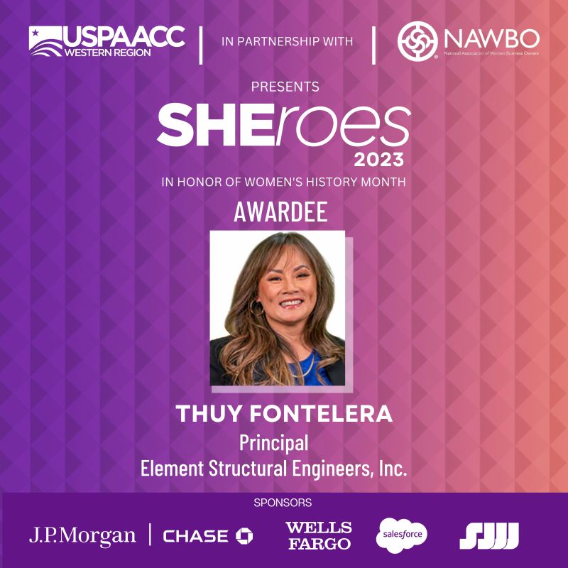 UspaaccWestern's tweet photo. Spotlight on #SHEroes awardee Thuy Nguyen Fontelera, P.E., S.E., LEED AP. Thuy is the founding principal of Element Structural Engineers. Thuy is driving the change she wants to see with a commitment to building a firm that is community and DEIB driven.

https://t.co/48kdHDOPCK https://t.co/7d0OlMyw6s