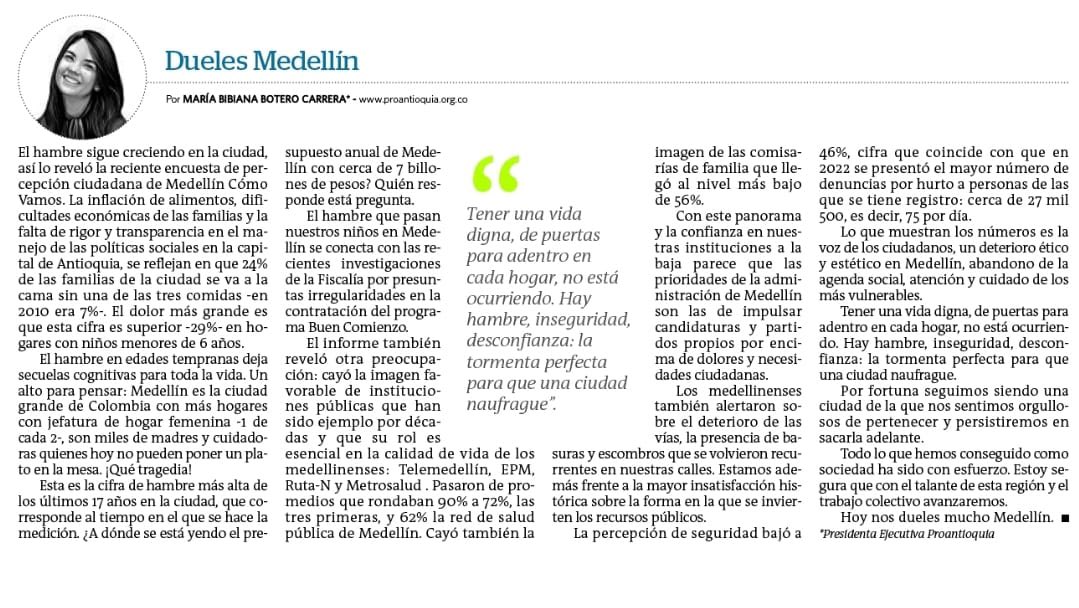 Según el último informe de <a href="/MedComoVamos/">Medellín Cómo Vamos</a> el 24% de las familias de la ciudad se va a la cama sin una de las tres comidas -en 2010 era 7%-.  El dolor más grande es que esta cifra es superior -29%- en hogares con niños menores de 6 años.  
Hoy dueles Medellin 👇🏻