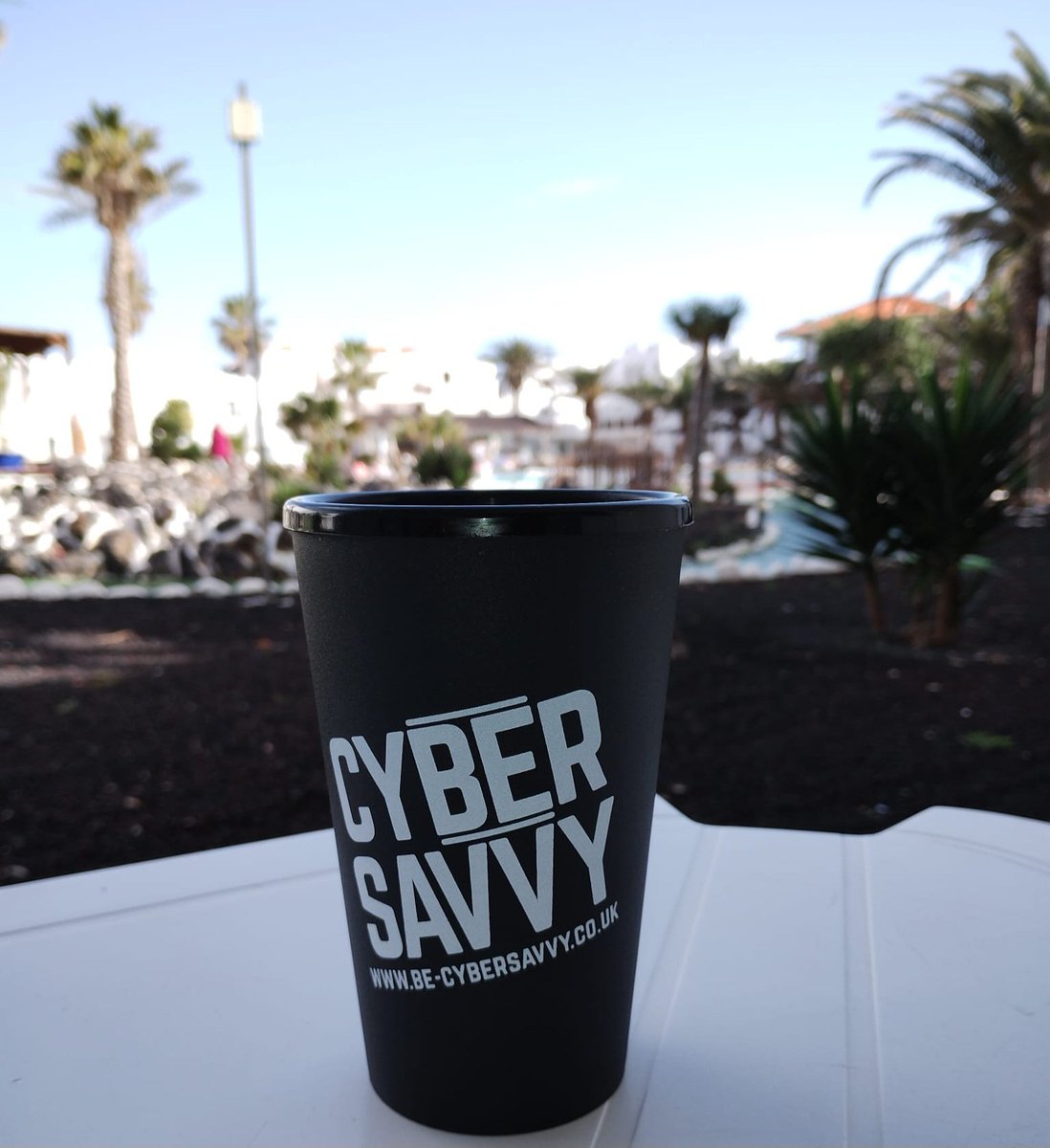 Faye_Eliz's tweet photo. I'm delighted to see that our #BeCyberSavvy campaign has gone international this month, with one of our travel mugs 'papped' spreading the word poolside in Spain👌📸 I'm also intrigued to see what they end up getting up to next. You'll have to watch this space...! 👀😆 #CMDigital https://t.co/6bC3x2DJLK