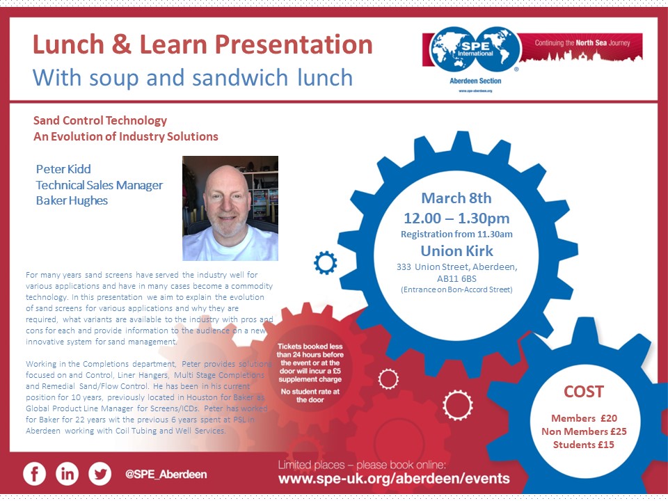 Lunch &amp; Learn event this Wednesday at Union Kirk will be 'Sand Control Technology - An Evolution of Industry Solutions' with Peter Kidd of Baker Hughes.

Book now at lnkd.in/em7QW6pm
