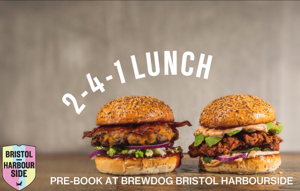 Get yours hands on our 2-4-1 burger lunch offer every week Monday - Wednesday 🍔

Follow the link in our bio to book in now! 

#brewdogbristolharbourside #burgers #lunchdeal #bristoldeals #food