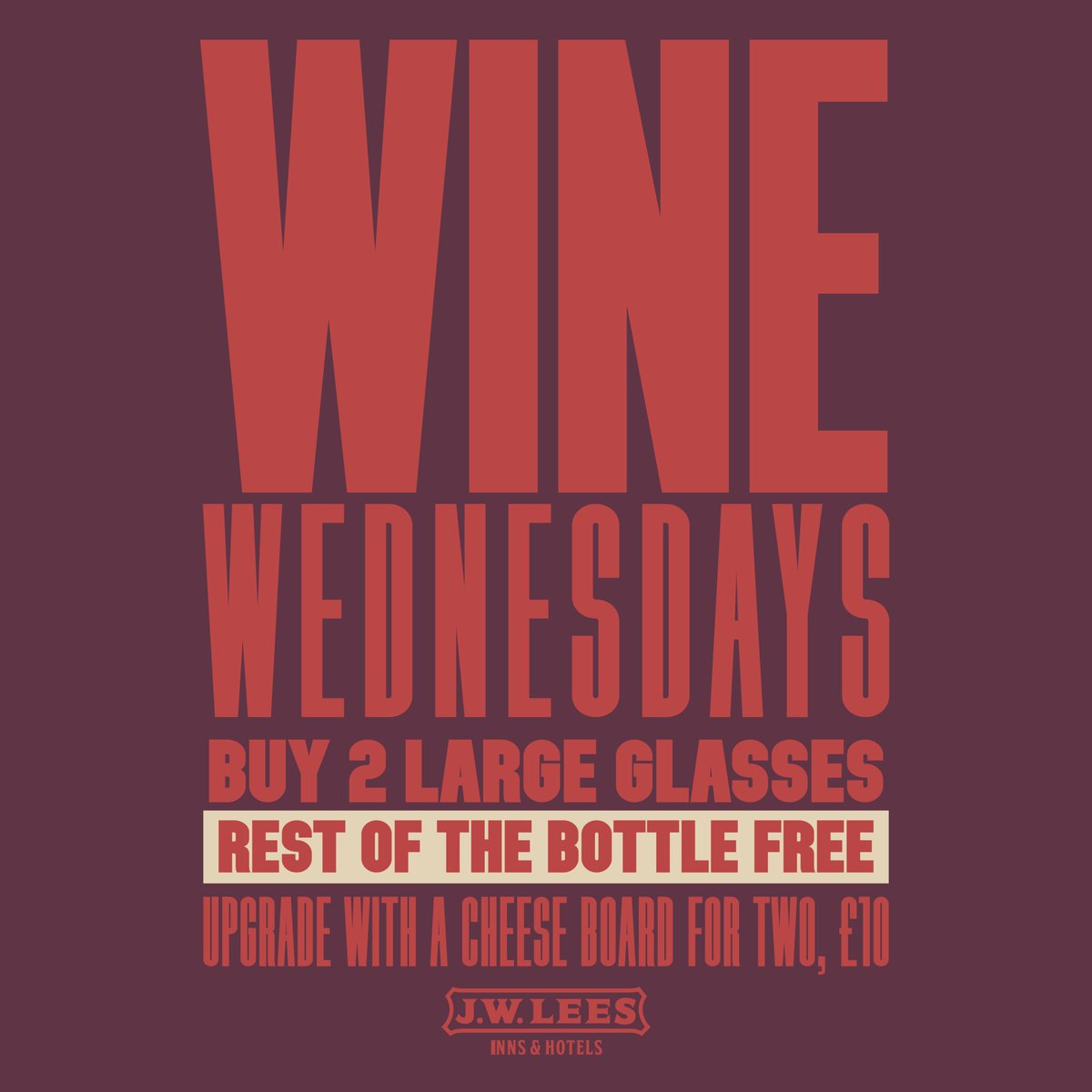 Wine!
Cheese!

Wine and cheese? A winning combo! 

Every Wednesday buy 2 large glasses and get the rest of the bottle free, why not add a cheese board for 2 on for an additional £10?