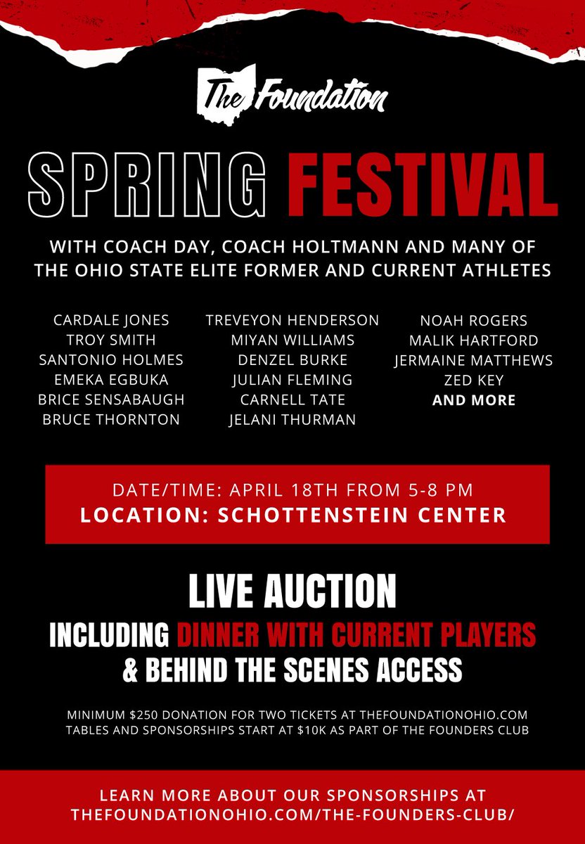 THE Foundation (@thefoundation1_) on Twitter photo Our SPRING FESTIVAL with <a href="/ryandaytime/">Ryan Day</a> <a href="/ChrisHoltmann/">Chris Holtmann</a> & many elite OSU athletes April 18 @ 5 pm <a href="/TheSchott/">The Schott</a>! Show true support of THE OSU football & bball athletes. Donate below $250 for 2 tickets & min $10k for a table, Founders Club & photos with Coaches. THEfoundationohio.com Our SPRING FESTIVAL with <a href="/ryandaytime/">Ryan Day</a> <a href="/ChrisHoltmann/">Chris Holtmann</a> & many elite OSU athletes April 18 @ 5 pm <a href="/TheSchott/">The Schott</a>! Show true support of THE OSU football & bball athletes. Donate below $250 for 2 tickets & min $10k for a table, Founders Club & photos with Coaches. THEfoundationohio.com