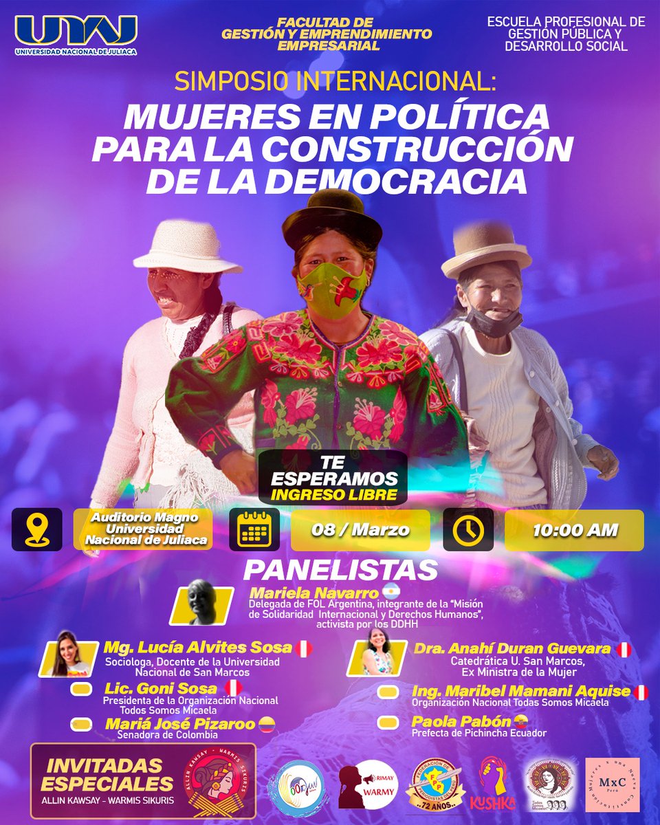 mxcperu's tweet photo. Empezando actividades por el Día Internacional de la Mujer participaremos en el diálogo "Mujeres en Política" junto a nuestras compañeras @AnahiDurandG  @Dpasaca y valientes mujeres puneñas. Nos encontramos este #8M2023 a las 10.00am Auditorio Magno de la Universidad de Juliaca https://t.co/9LpWnch9Oo