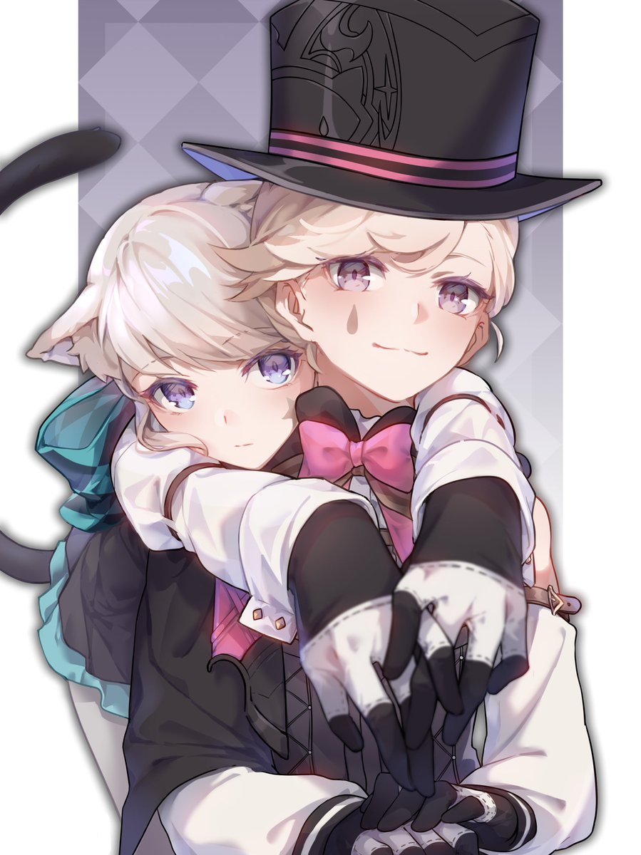 hat animal ears gloves hug from behind 1boy cat ears cat tail  illustration images